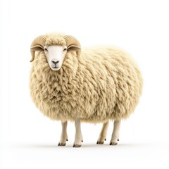 A fluffy Dorset sheep with a thick wool coat, standing gracefully against a white background, showcasing its calm and gentle nature.
