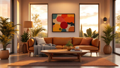 Modern japandi living room with a large window, a wooden coffee table, a sofa, and a painting on the wall.