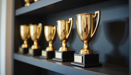Trophies on black shelf displaying achievements