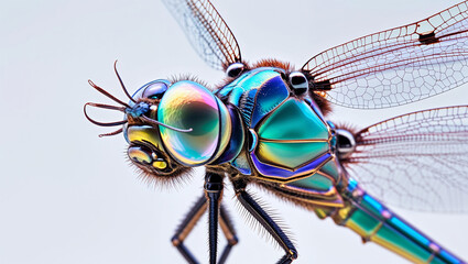 Fototapeta premium Close-up of iridescent dragonfly, vibrant colors, intricate details, insect wings, nature.