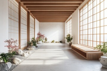 Serene Japanese minimalist hallway, sunlight, plants, zen garden