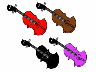 a digital design of four coloured violins in a white background