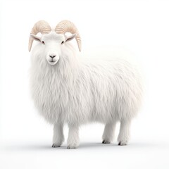 Fototapeta premium A fluffy white Angora goat with majestic horns, representing strength and grace in nature. Perfect for animal-themed projects.