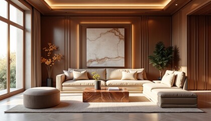 Modern art deco interior japandi living room with a large window, a marble coffee table, a sofa, and a large painting on the wall.