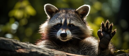 Fototapeta premium Adorable raccoon waving with forest background in soft sunlight