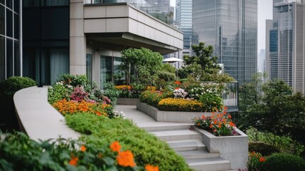 Obraz premium An urban oasis rooftop bursting with colorful flowers and vibrant greenery harmoniously blends with a modern city skyline for a refreshing escape.