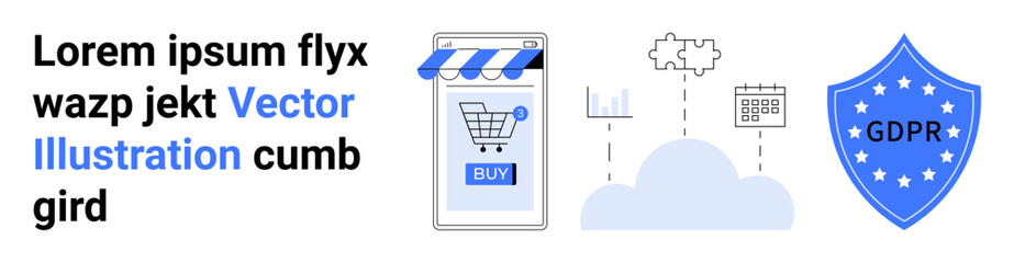 Smartphone displays shopping cart, connected to cloud with data flow, GDPR compliance shield. Ideal for e-commerce, data security, cloud storage, online shopping, privacy protection, digital