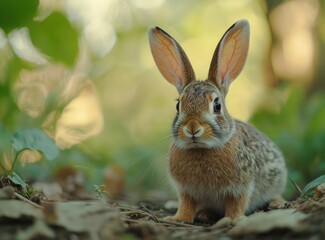 Fototapeta premium A rabbit on the ground in a garden. A beautiful brown rabbit with big ears is looking at the camera, with a green background. This is the winner of a stock photo contest, a professional stock