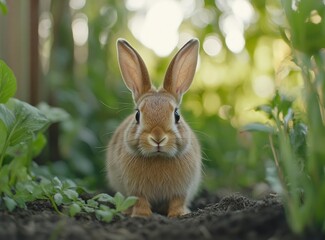 A rabbit on the ground in a garden. A beautiful brown rabbit with big ears is looking at the camera, with a green background. This is the winner of a stock photo contest, a professional stock