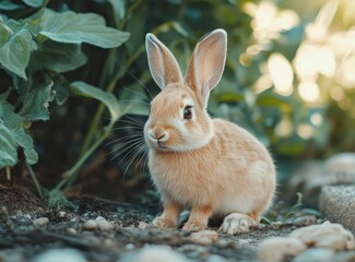 Fototapeta premium A rabbit on the ground in a garden. A beautiful brown rabbit with big ears is looking at the camera, with a green background. This is the winner of a stock photo contest, a professional stock