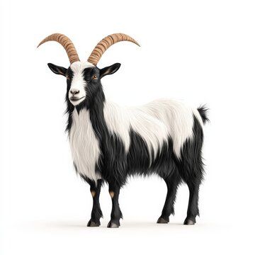 A majestic black and white LaMancha goat stands gracefully, showcasing its impressive horns and vibrant fur against a clean background.