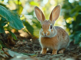 Fototapeta premium A rabbit on the ground in a garden. A beautiful brown rabbit with big ears is looking at the camera, with a green background. This is the winner of a stock photo contest, a professional stock photogra