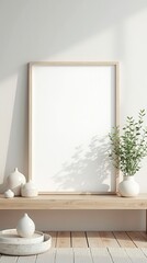 Mock Up Frame In Home Interior Background, White Room With Natural Wooden Table And Decor