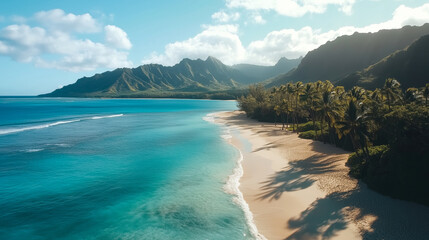 Fototapeta premium Aerial landscape of a tropical beach with white sand, turquoise ocean and green palm trees