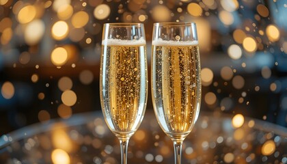 Elegant champagne flutes filled with sparkling wine in a festive atmosphere with bokeh lights