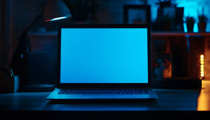 A gaming laptop with a blank screen sits on a desk in a dark room. The laptop is open, and its blue screen reflects on the desk