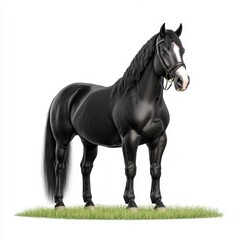 Fototapeta premium A majestic black Friesian horse stands proudly in a lush green meadow, showcasing its strength and elegance in nature.