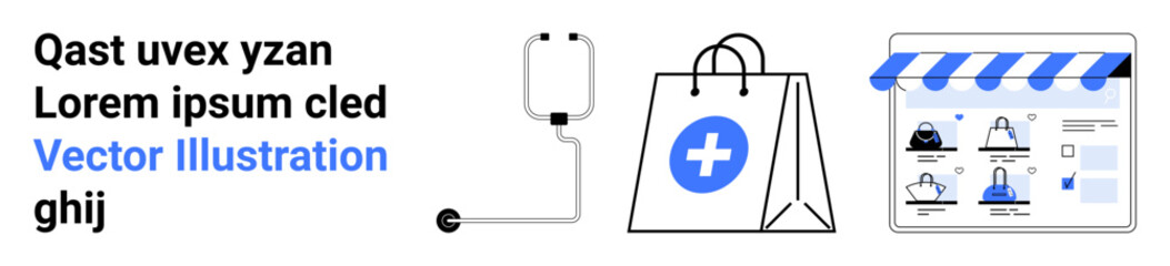 Medic bag, shopping bag with cross, and webpage with user profiles and products. Ideal for e-commerce, online purchasing, pharmacy supplies, online shopping platforms, digital storefront concepts