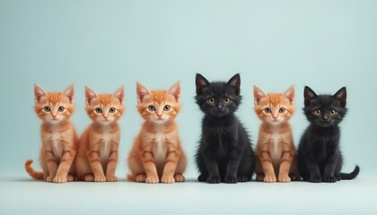 Five adorable kittens sitting in a row on a light blue background