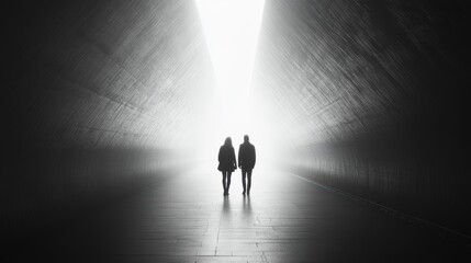 Silhouetted figures walking through a serene and mysterious tunnel with a bright, ethereal light at the end, creating an atmosphere of curiosity and intrigue