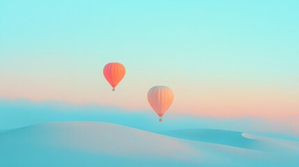 Obraz premium Two vibrant hot air balloons drift gracefully over smooth pastel dunes, painting a serene tableau of color against the sky.