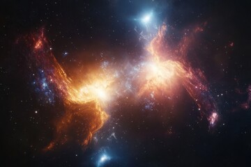 Cosmic Collision: A vibrant nebula bursts with fiery orange and cool blue hues.