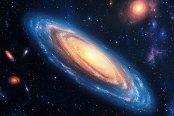 Naklejka premium A mesmerizing spiral galaxy in deep space, glowing with vibrant blues and oranges.