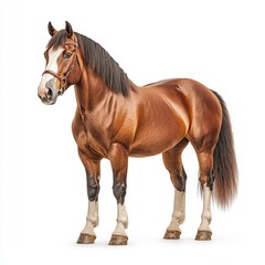 Fototapeta premium A majestic brown Cob horse stands calmly, showcasing strength and grace with its shiny coat and powerful stance.