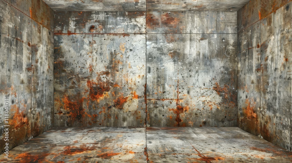 Wall mural Explore a vast, empty room with rusted metal sheets that create a striking yet eerie architectural atmosphere.