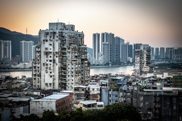 Fototapeta premium Macau contrasts. Biggest old building in the old town with new skyscrapers