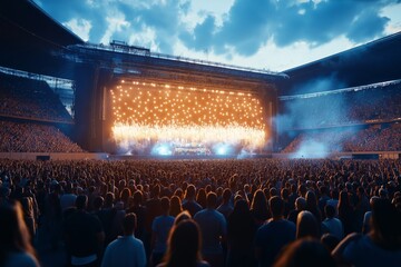A massive crowd fills a stadium at sunset, enjoying a live concert illuminated by a dazzling light display and pyrotechnics. .