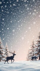 Festive winter banner with falling snowflakes and reindeer silhouettes, frosty, template, digital art