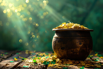 st patricks day decor, a golden pot on a table adorned with st patricks day decor against a vibrant backdrop, conveying luck and festivity