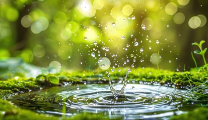 Raindrops create mesmerizing ripples in a tranquil forest pool. The vibrant green backdrop enhances the scene's serenity.