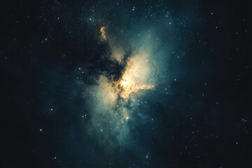 Naklejka premium Cosmic Nebula: A mesmerizing swirl of teal and gold.