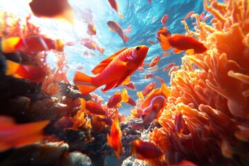 Colorful fish swimming in clear water near a damaged coral reef during daytime