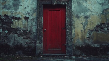 A weathered red door stands resolute against a textured, worn wall, hinting at untold stories and mysterious pasts.