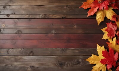 Fototapeta premium Vibrant red & gold maple leaves border, rustic wood background, rustic, gold leaves