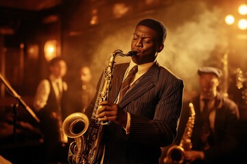 Jazz musician playing the saxophone in a dimly lit venue with a smoky atmosphere and warm golden lighting, accompanied by a live band in the background