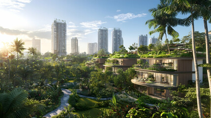 Fototapeta premium Verdant sustainable city, tropical architecture, urban oasis, lush greenery, sunrise.