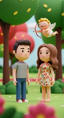 Playful cupid and cheerful couple in a vibrant park setting