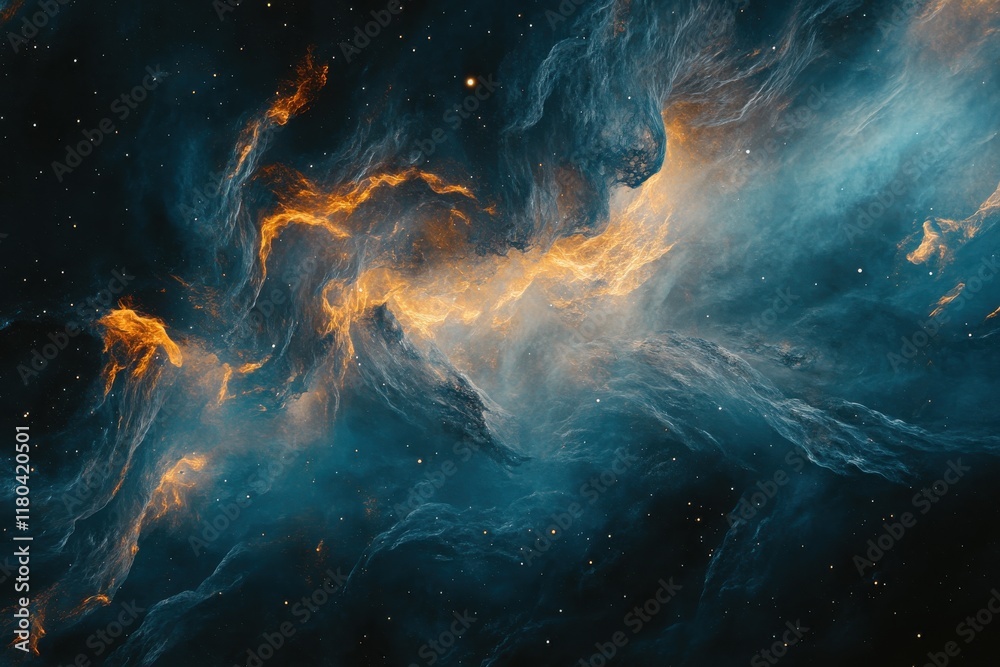 Wall mural cosmic nebula: a fiery dance of blues and oranges in the vast expanse of space.