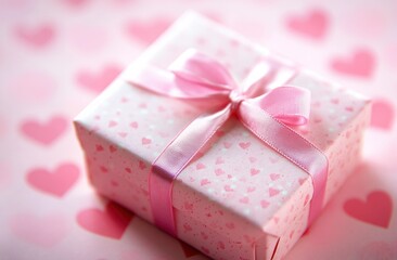 A small gift box with a ribbon and bow on a pink background with hearts, in a flat lay top view with copy space. This concept is for a Valentine's Day celebration, with a minimalistic, stock photo