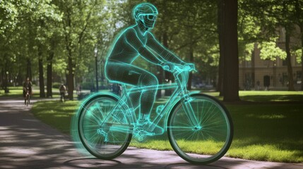 Next-gen smart bicycle with integrated LED lights, a transparent helmet, and digital navigation system, biking through a park 