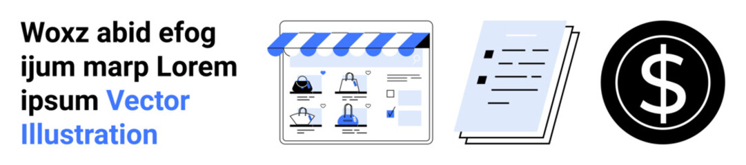 Online storefront interface with various products, accompanied by a document icon and a large dollar sign. Ideal for online retail, e-commerce, business, financial transactions, digital marketing