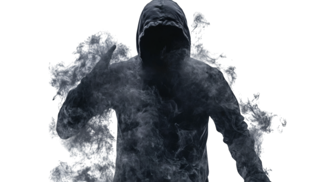 Person in dark smoke isolated on white background