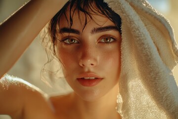 Fototapeta premium Refreshing Morning Routine Spa Setting Portrait Photography Peaceful Atmosphere Close-Up View Self-Care Concept