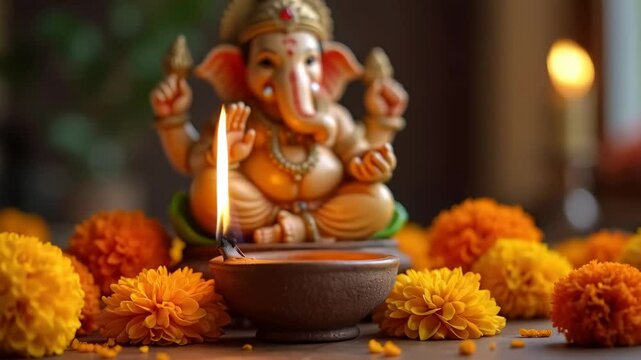 Hindu god Ganesh statue with traditional oil lamp and marigold flowers. Religious concept for Ganesh Chaturthi, Navratri, Durga Puja, Sankashti Chaturthi, Vinayaka Chavithi, Diwali