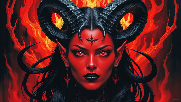 Fiery red-skinned woman with horns and intense gaze. - Powered by Adobe