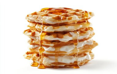 A stack of waffles with drizzled honey and vanilla sauce, close-up shot on a white background, food photography, studio lighting, delicious textures, high resolution, very detailed.